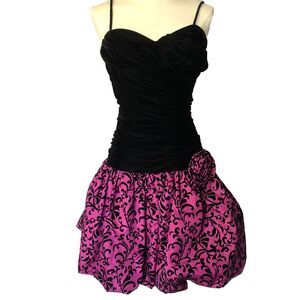 Vtg 80s Positively Ellyn Hot Pink & Black Satin Velvet Bubble Hem Dress 8 Prom